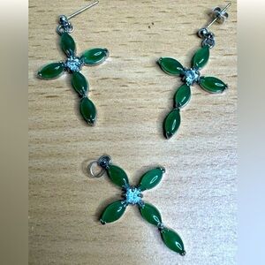Elegant Green Jade Cross Floral Earrings and pendant set